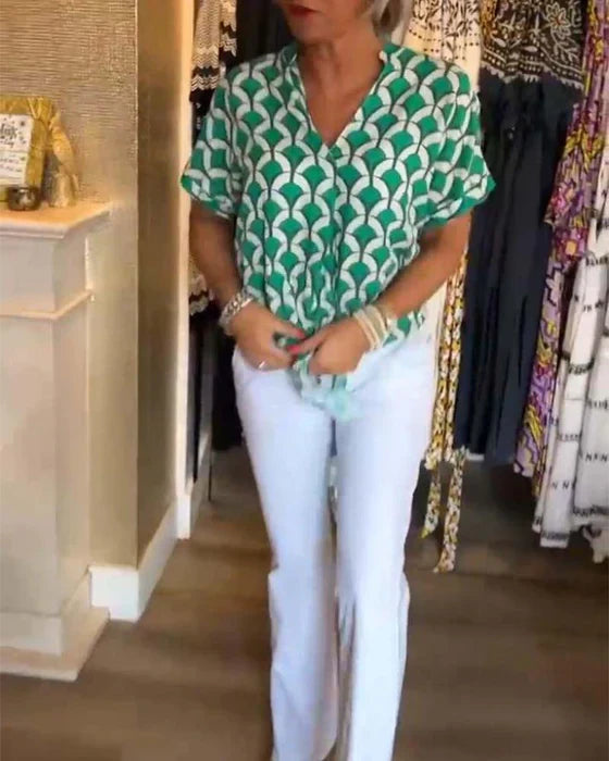 Casual Top Med Print I V-Hals - Stelani
